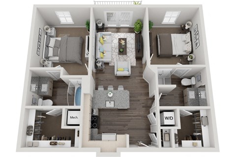 Floor plan for 2 beds, 2 baths, 956 sqft